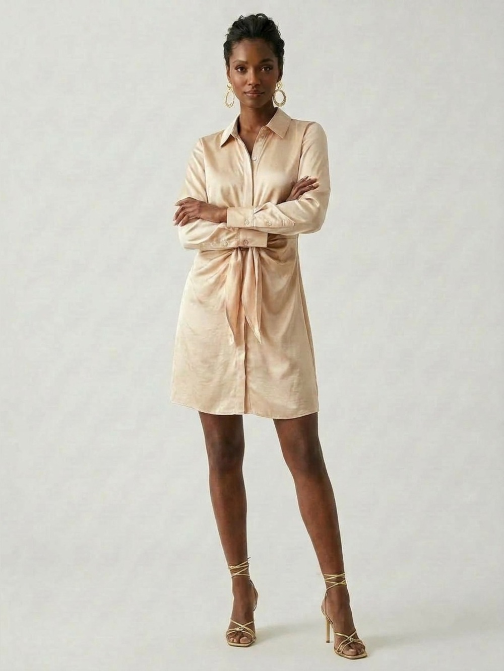 SALE! BB Dakota Steve Madden Gold “Tie Curious” Long-Sleeve Shirt Dress